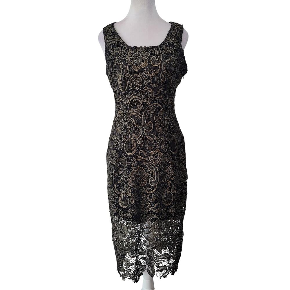 Sans Souci Size M‎ Gold Overlay Sheath Sleeveless Cocktail Dress Holiday Glam